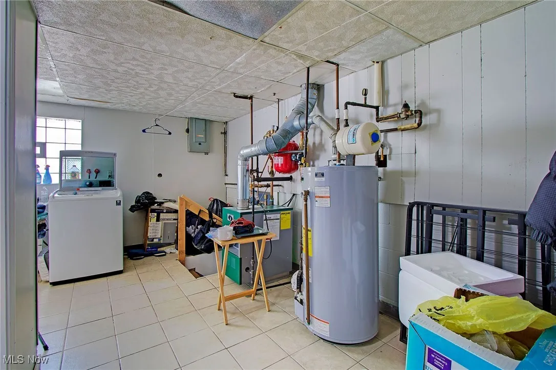 Utility room with washer / dryer, gas water heater, electric panel, and a heating unit
