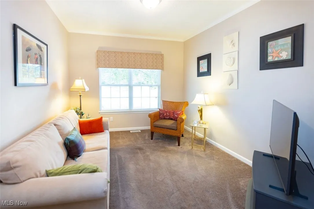 Bedroom being used as a sitting room area with carpet flooring and ornamental molding