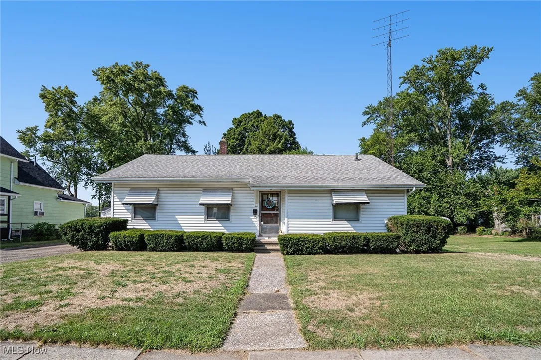 View of front facade with a front lawn, a chimney, and roof with shingles