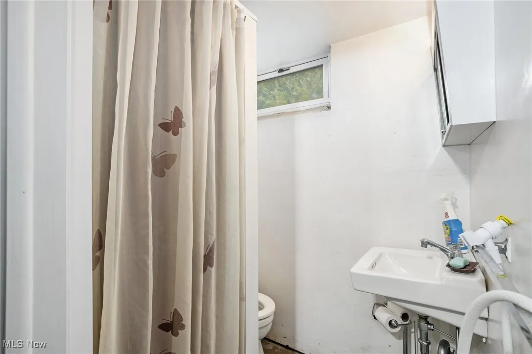 Full bathroom with toilet and a shower with curtain