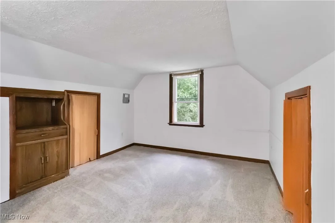 Bonus room with light carpet, lofted ceiling, and a textured ceiling