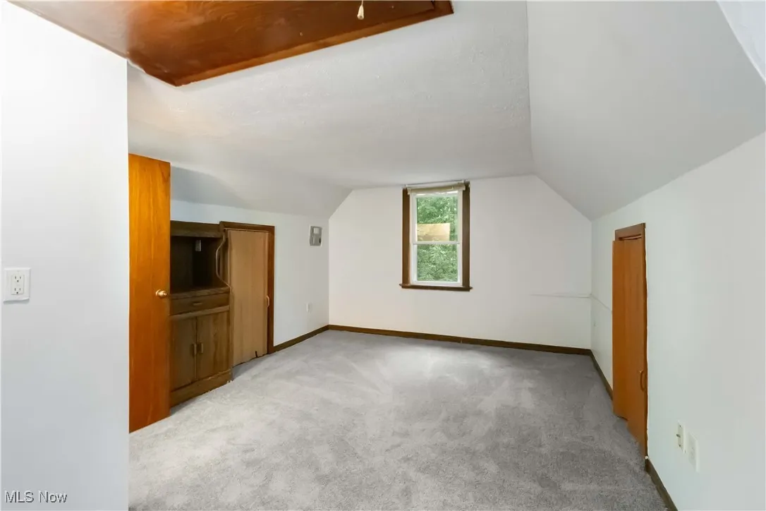 Additional living space with light colored carpet and lofted ceiling