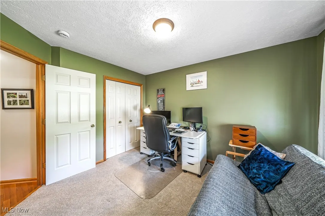Home office featuring carpet floors and a textured ceiling