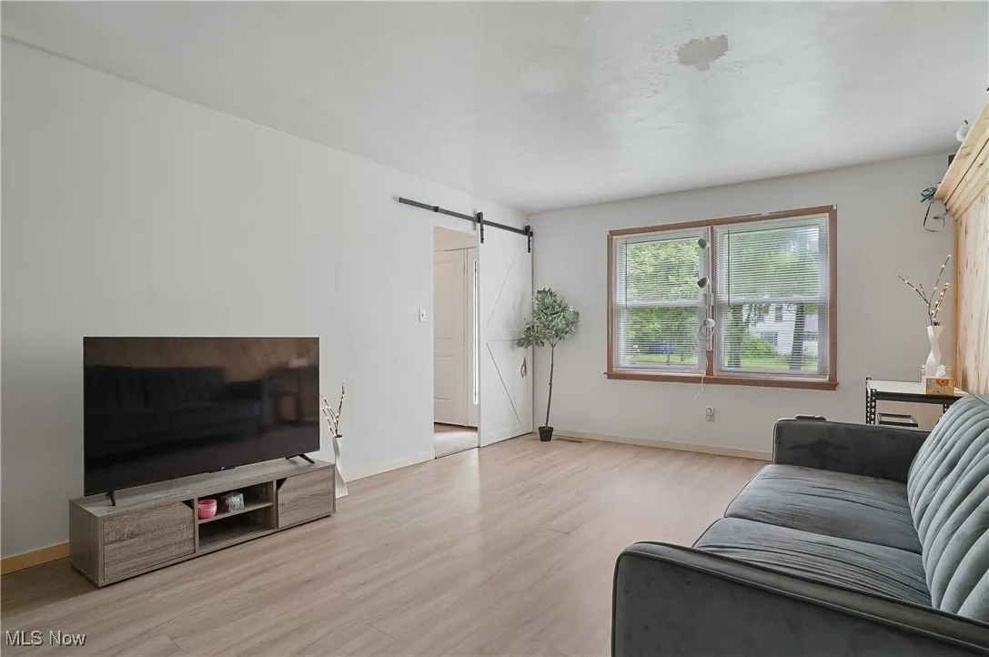 Living room featuring a barn door and light wood-style flooring