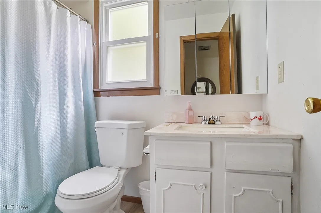 Bathroom with vanity and a shower with shower curtain