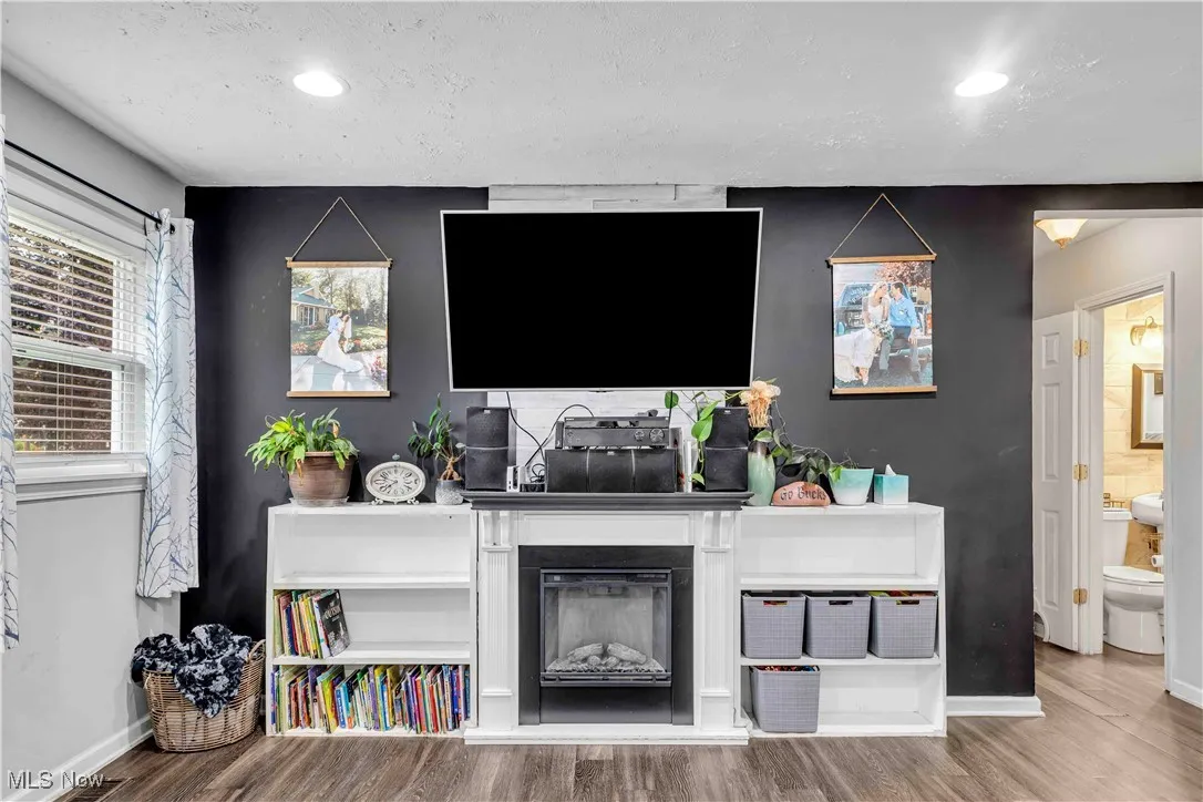 Living room with wood finished floors, a fireplace, and recessed lighting