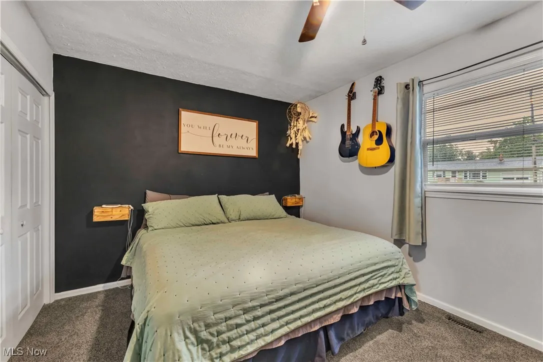 Primary bedroom featuring modern paint scheme, carpet, ceiling fan and closet.