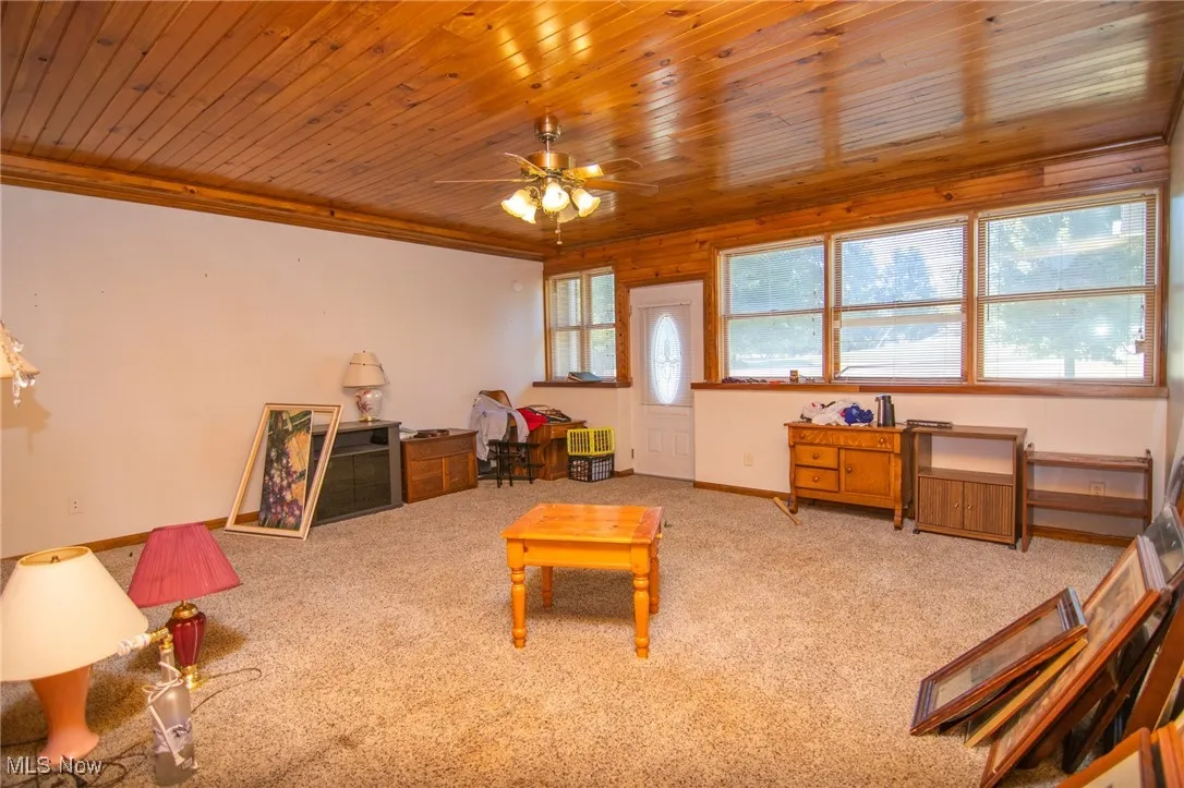 Living room with carpet floors, a ceiling fan, and wooden ceiling