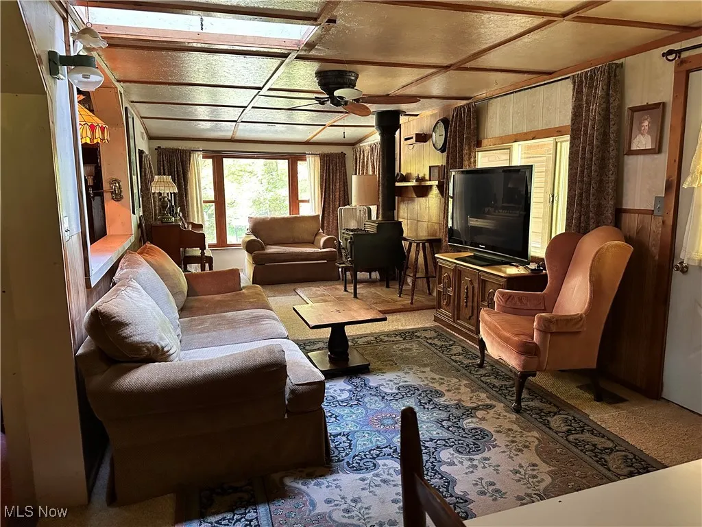 Living area with a wood stove, carpet flooring, and ceiling fan