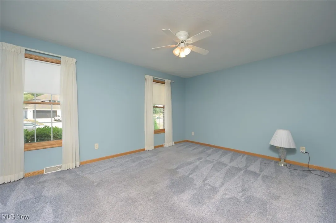 Carpeted spare room with healthy amount of natural light and ceiling fan