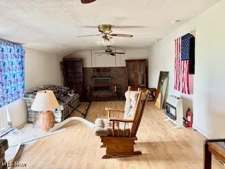 Living room with a textured ceiling, wood finished floors, vaulted ceiling, a fireplace, and heating unit