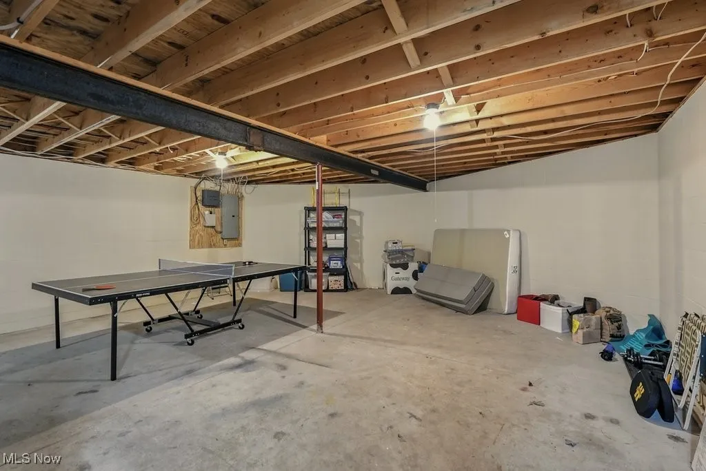 Unfinished basement featuring electric panel and concrete block wall