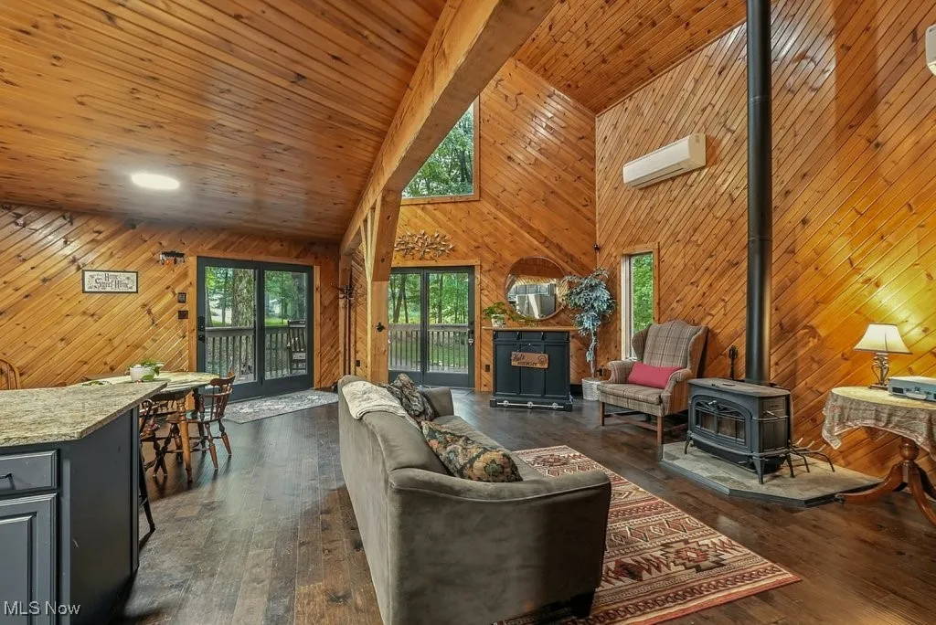 Living area featuring high vaulted ceiling, a wood stove, wood walls, dark wood finished floors, and a wall mounted AC