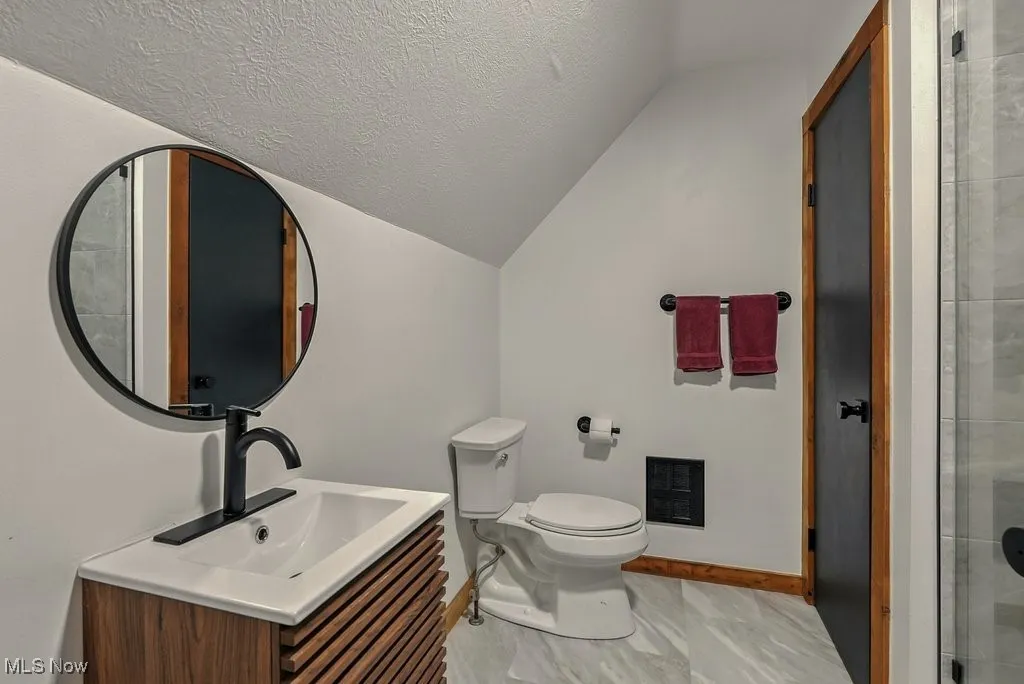 Full bath featuring lofted ceiling, a textured ceiling, vanity, and a shower stall