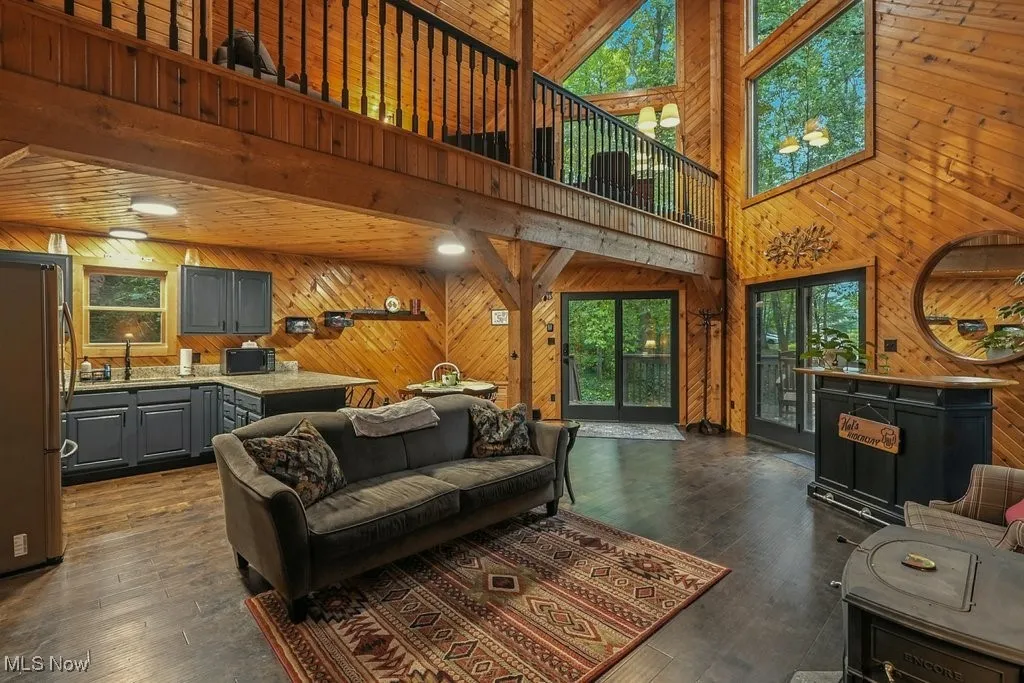 Living area featuring a towering ceiling, wood walls, and dark wood-type flooring