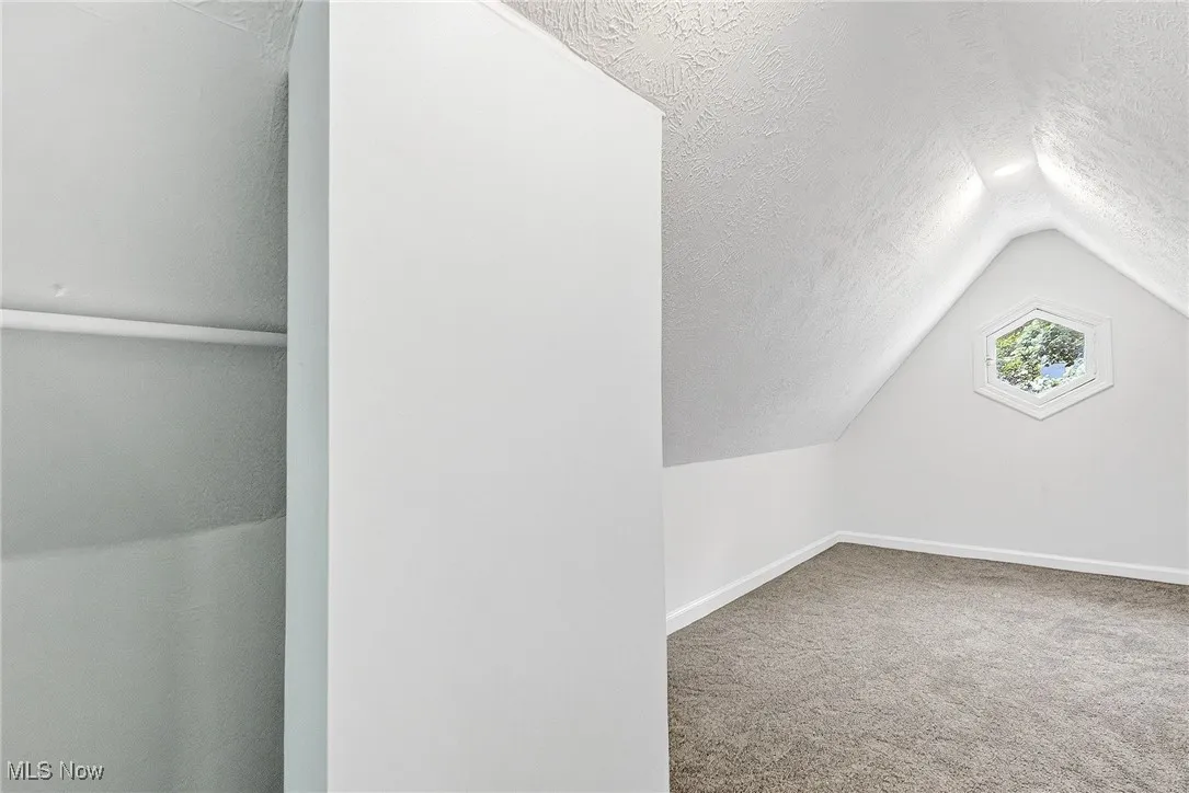 Bonus room featuring a textured ceiling, light carpet, and lofted ceiling