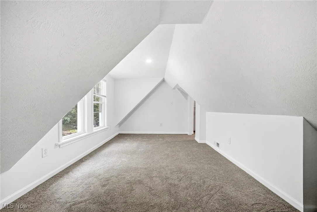 Additional living space with a textured ceiling, carpet flooring, and vaulted ceiling