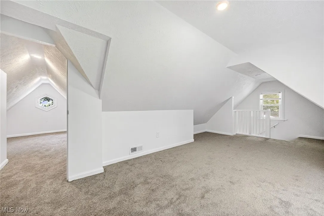 Bonus room featuring vaulted ceiling, light carpet, and a textured ceiling