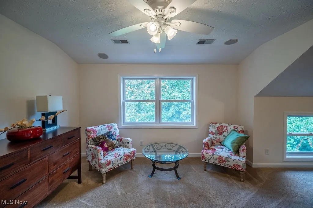 Sitting room with carpet, a textured ceiling, and ceiling fan