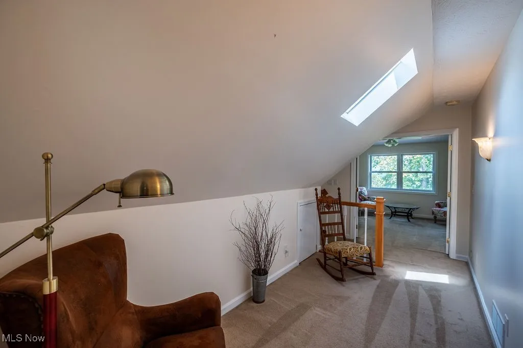 Living area with carpet floors, lofted ceiling, and a skylight