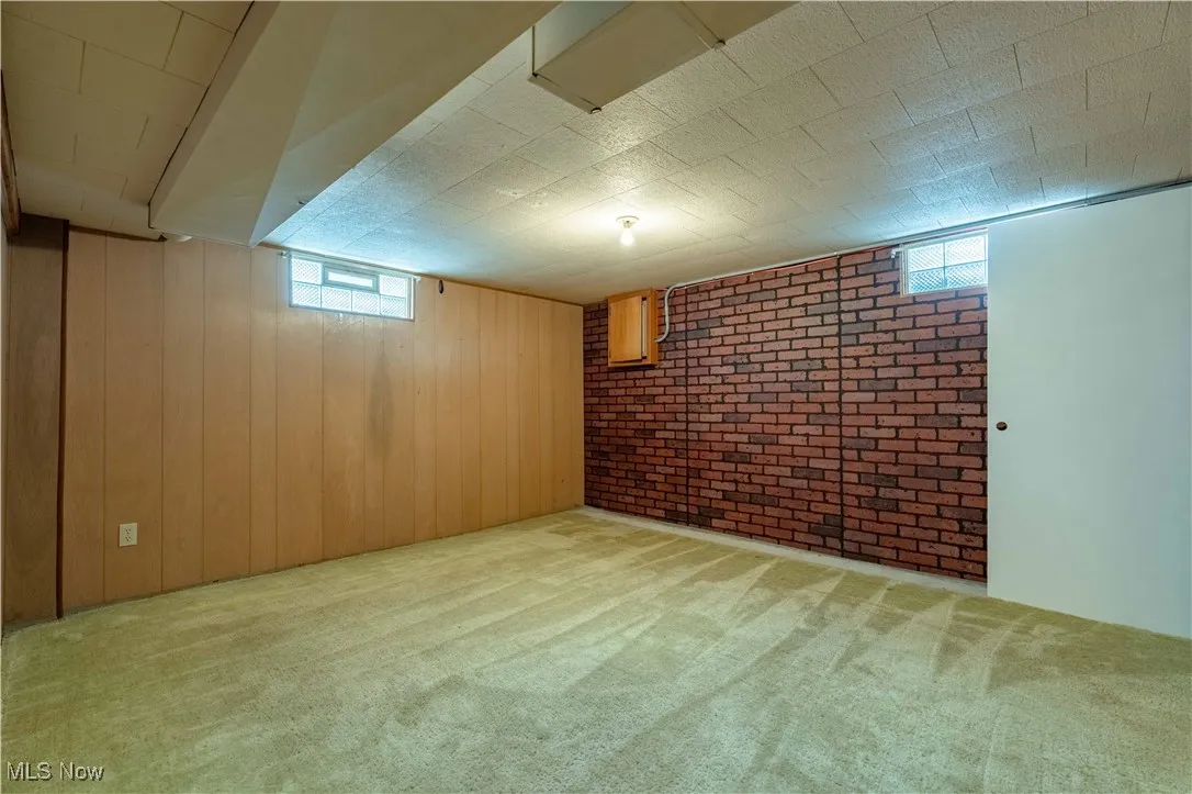 Basement featuring light colored carpet, brick wall, and wooden walls