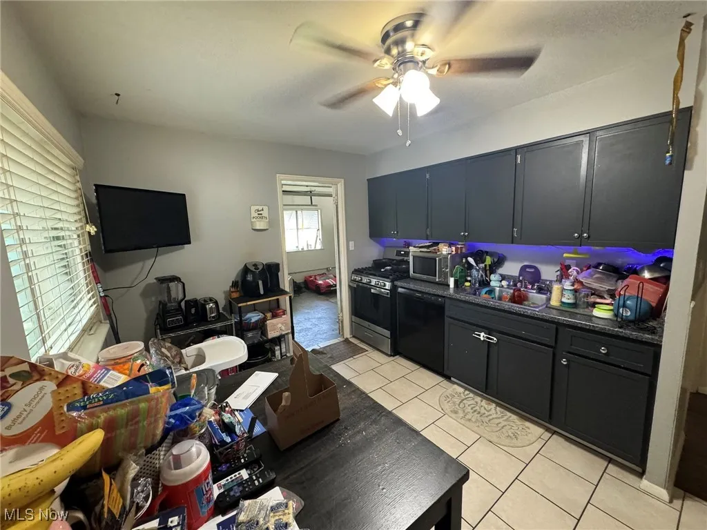 Kitchen featuring light tile patterned flooring, stainless steel appliances, dark cabinets, and ceiling fan