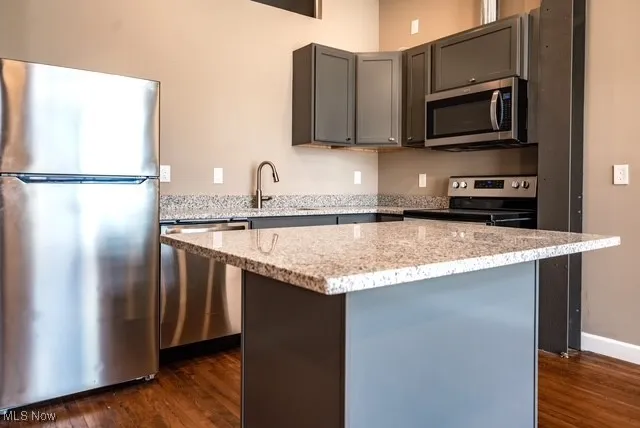 Kitchen featuring stainless steel appliances, light stone countertops, dark wood-style floors, and a kitchen island