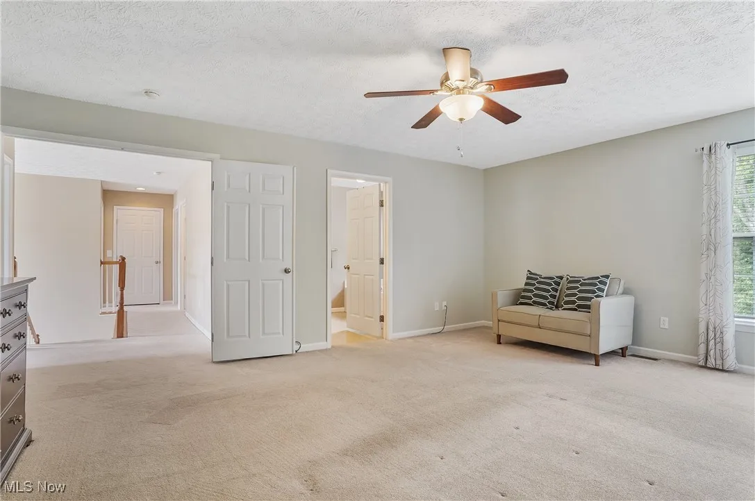 Unfurnished room featuring light colored carpet, a textured ceiling, and a ceiling fan