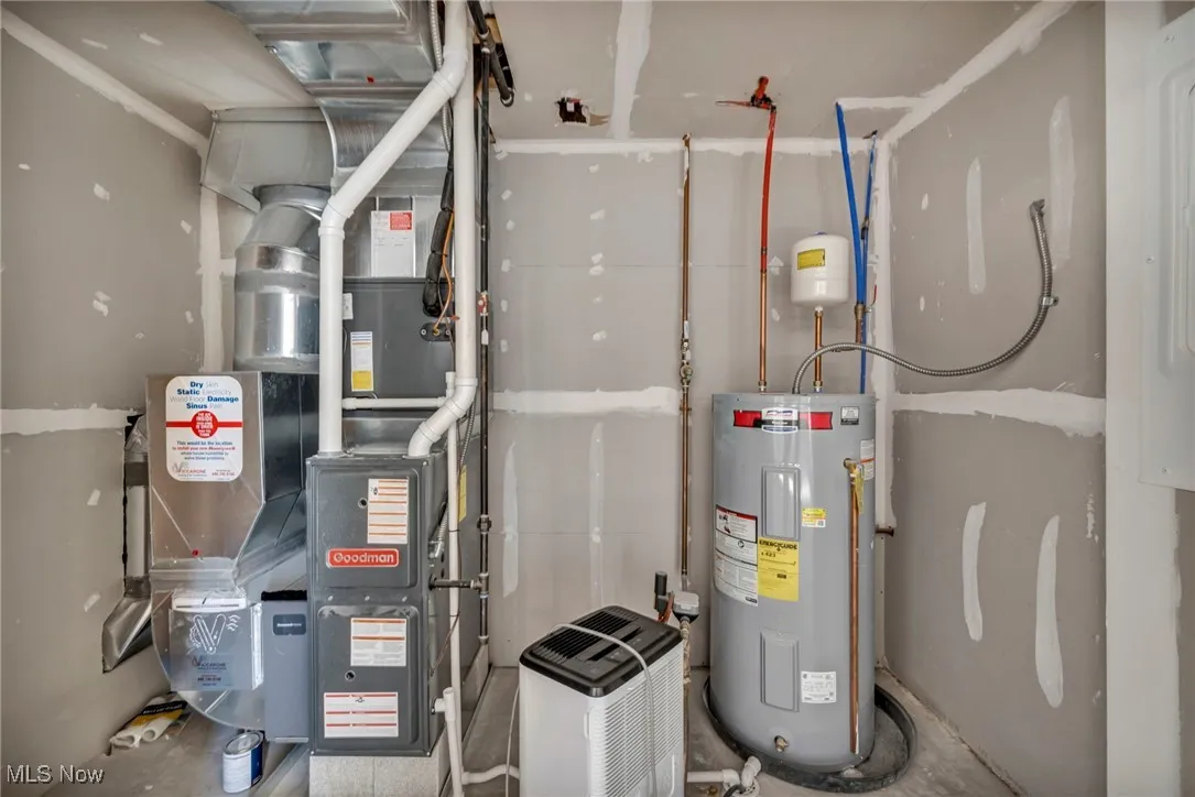 Utilities featuring water heater, heating unit, and electric panel