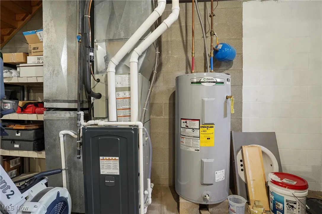 Utility room featuring water heater and heating unit