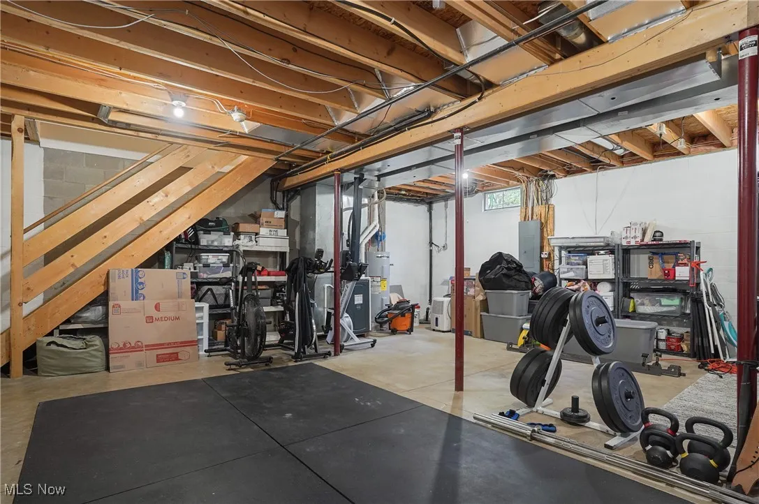 Workout room with water heater and electric panel