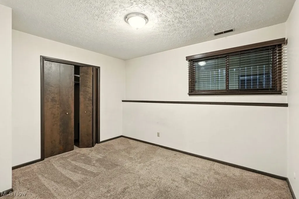 Unfurnished bedroom featuring carpet flooring, a closet, and a textured ceiling
