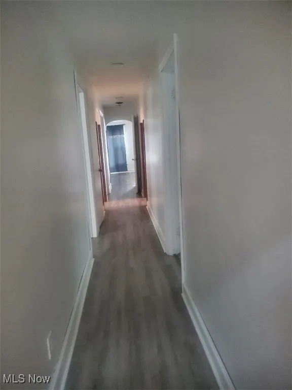 Hall with dark wood-style flooring and arched walkways