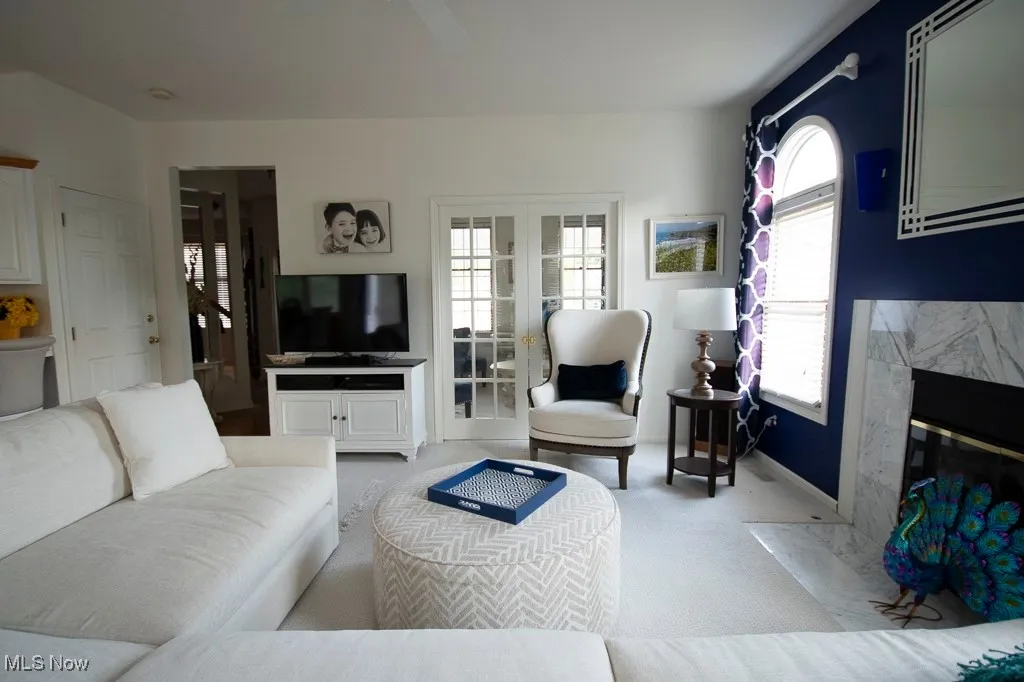 Living room featuring carpet and a fireplace