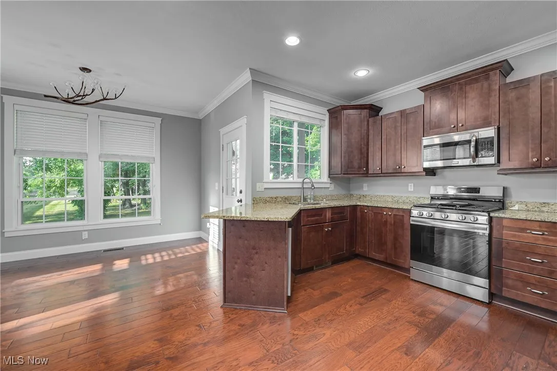 Kitchen with stainless steel appliances, crown molding, light stone countertops, dark brown cabinets, and dark wood-type flooring