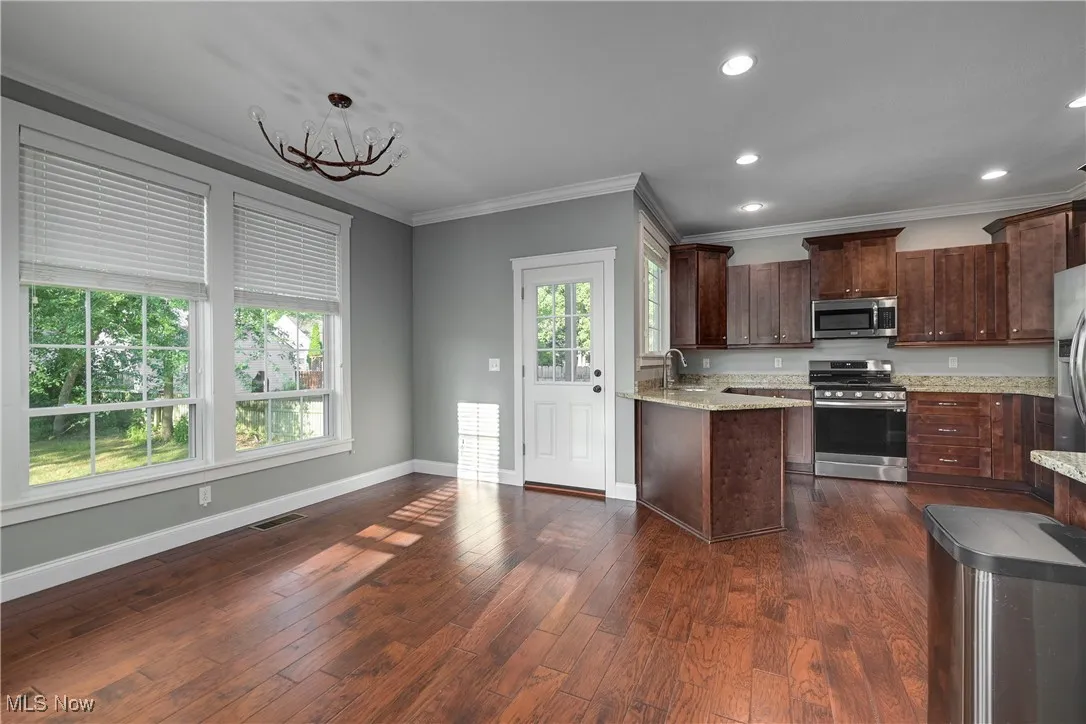 Kitchen featuring dark brown cabinetry, stainless steel appliances, ornamental molding, light stone countertops, and dark wood finished floors