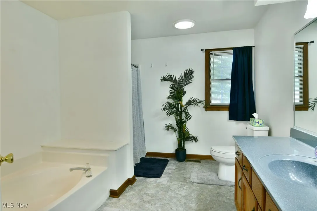 Full bathroom featuring vanity, a bath, and a shower with curtain