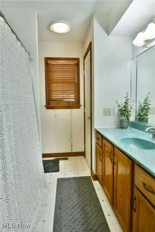 Bathroom with vanity and a shower with shower curtain