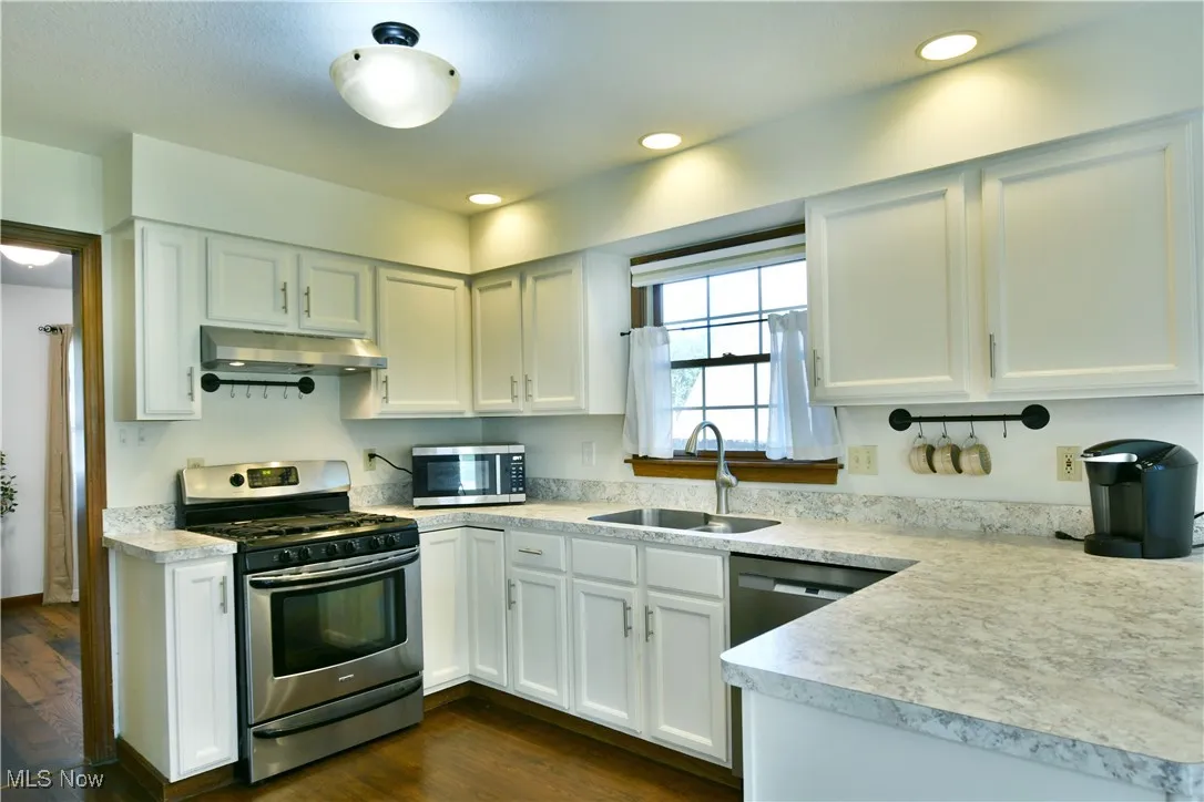 Kitchen with white cabinetry, appliances with stainless steel finishes, light countertops, dark wood-style floors, and recessed lighting