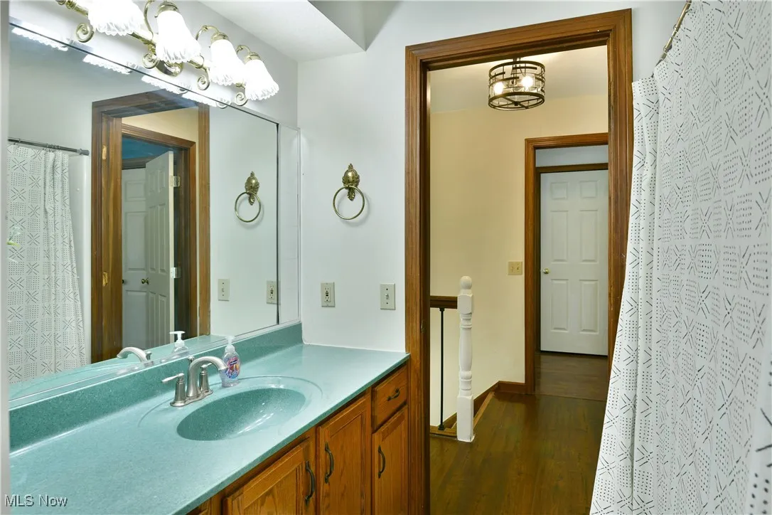 Full bathroom featuring a chandelier, vanity, dark wood finished floors, and a shower with curtain