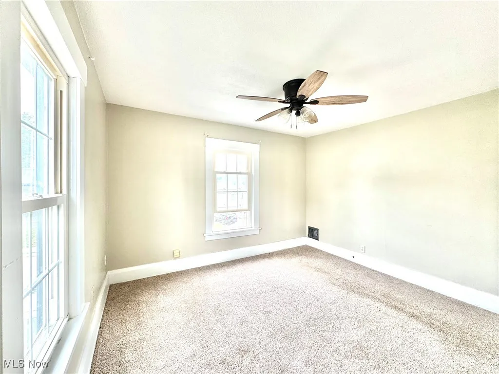 Carpeted spare room featuring healthy amount of natural light and a ceiling fan