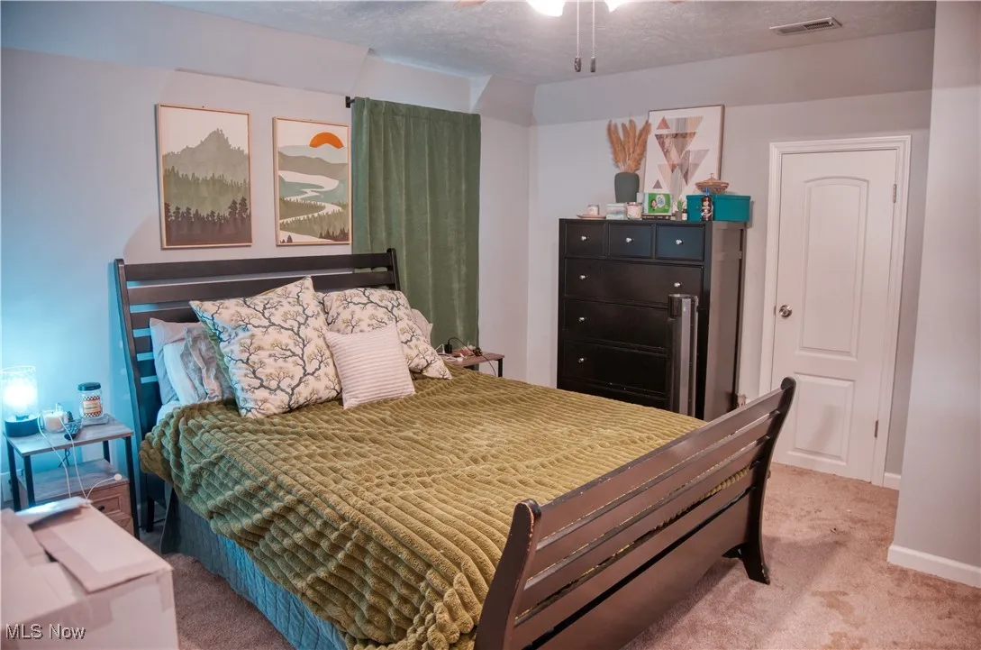 Master bedroom featuring light carpet and a textured ceiling