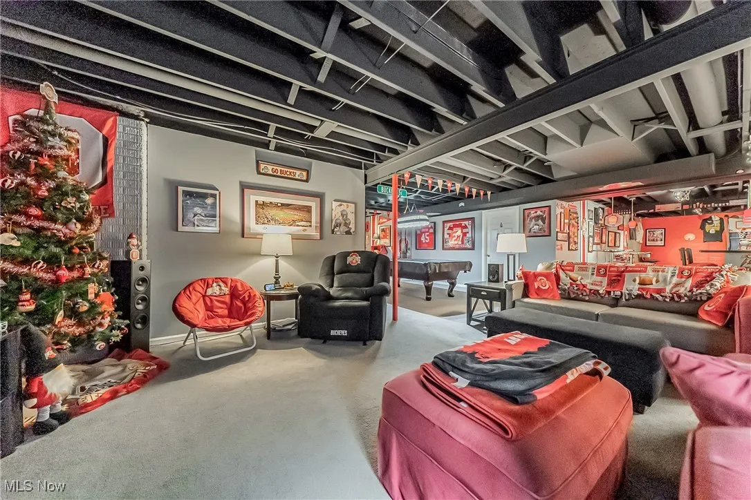 Basement with light colored carpet