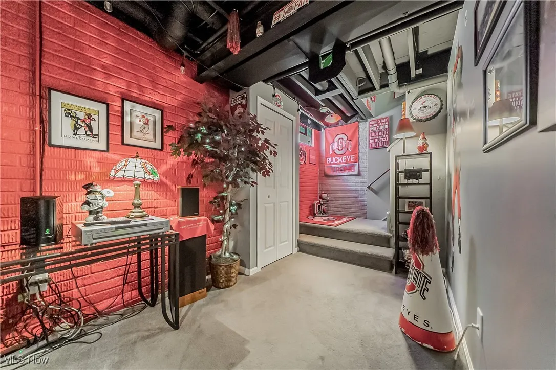 Basement with light colored carpet