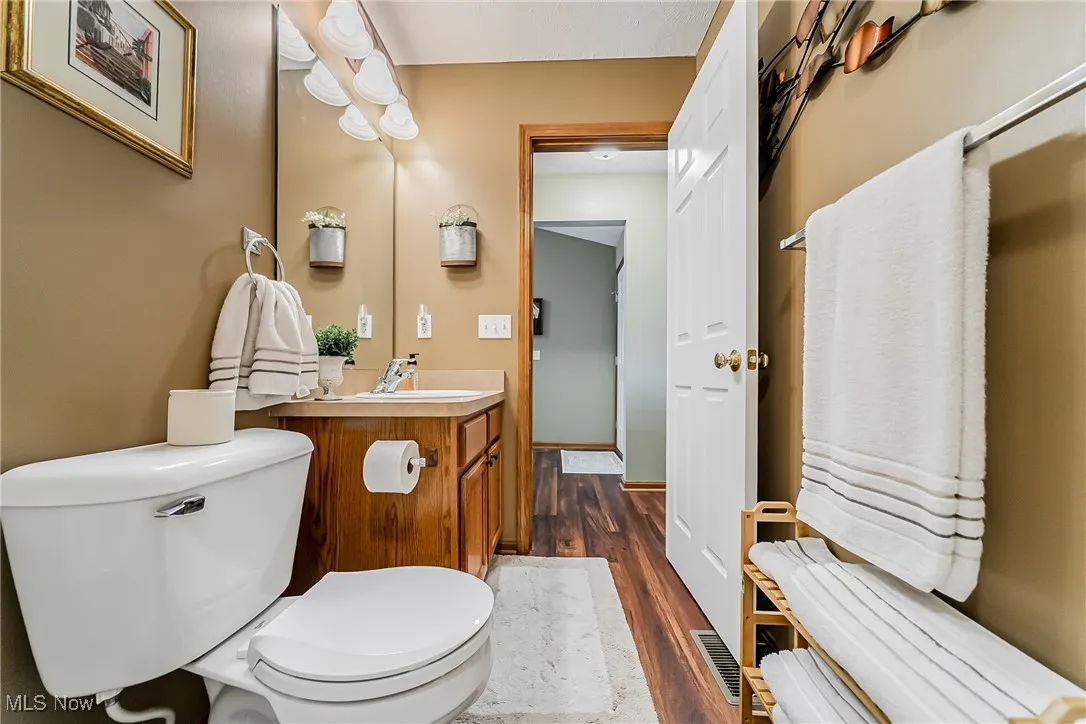 Half bathroom featuring vanity and dark wood-type flooring