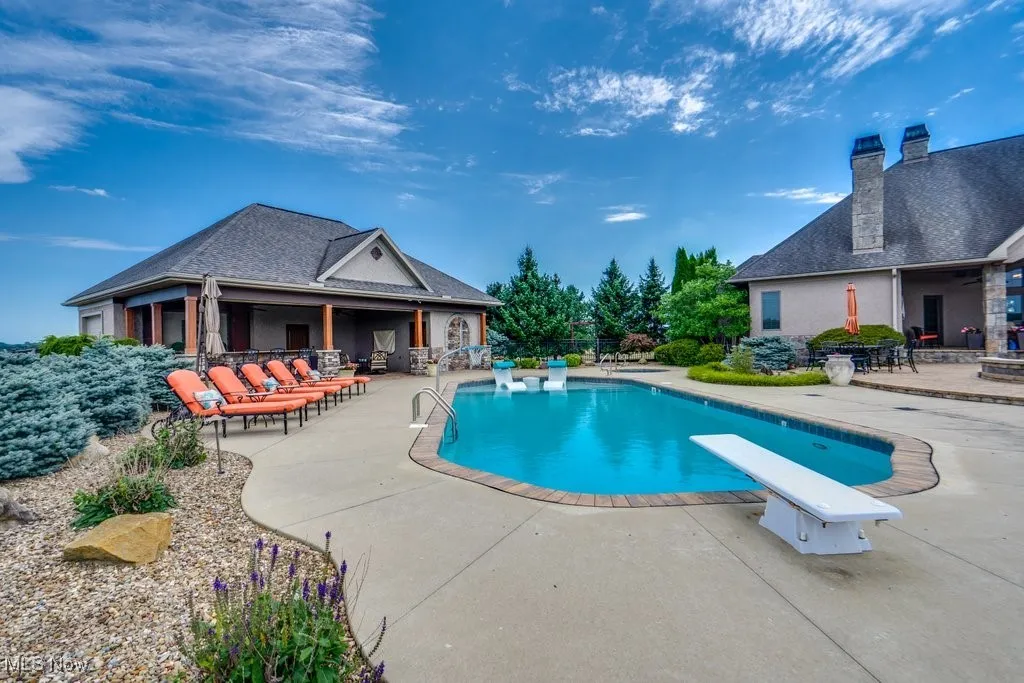 Swimming pool with a patio area and a diving board