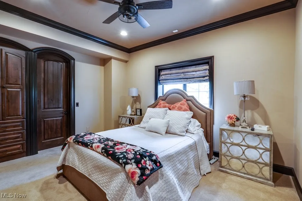 Bedroom featuring ornamental molding, carpet flooring, a ceiling fan, and recessed lighting