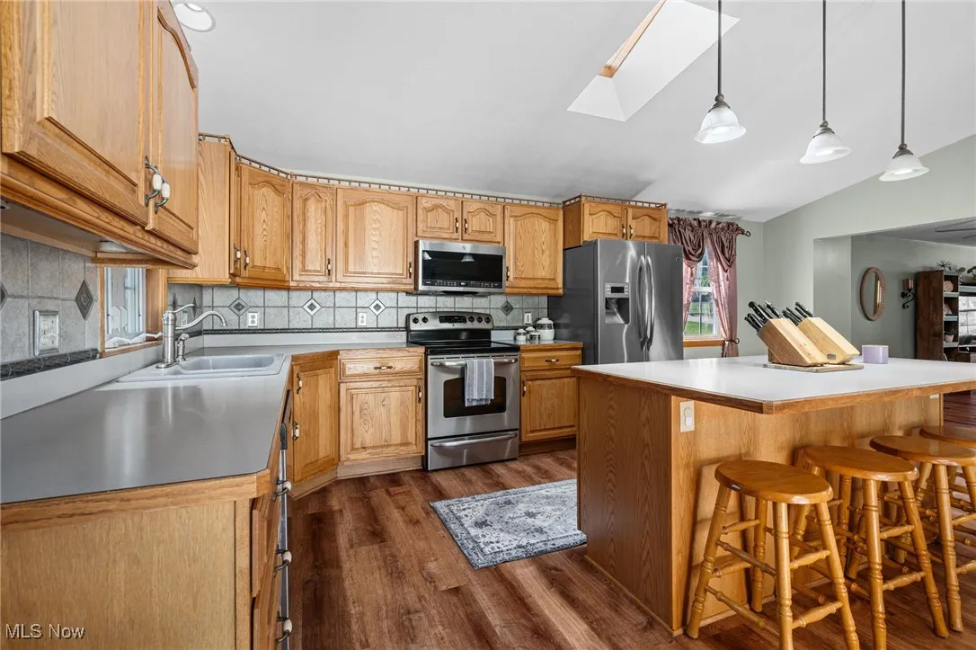 Kitchen featuring tasteful backsplash, stainless steel appliances, light countertops, a skylight, and dark wood finished floors