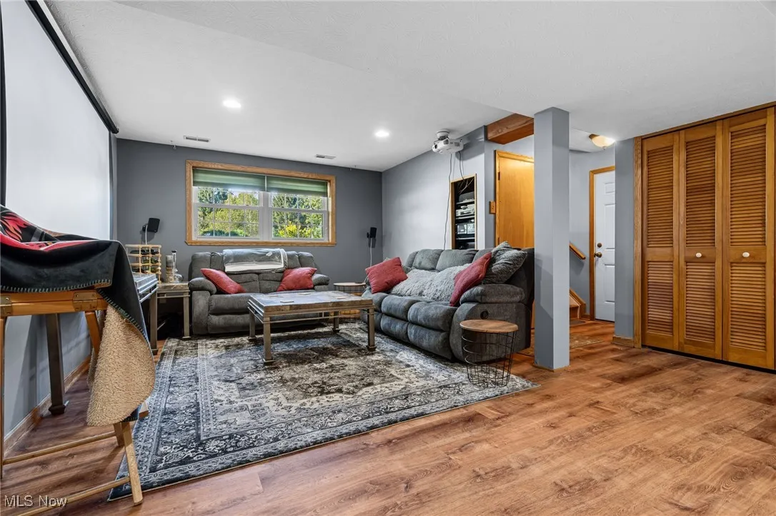Living room with wood finished floors and recessed lighting