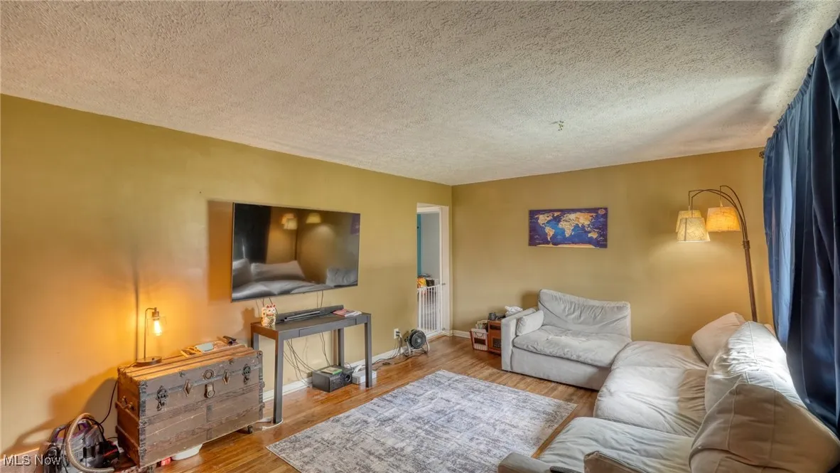 Living room featuring a textured ceiling and wood finished floors